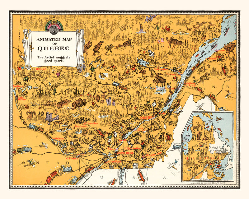 Size comparison using Vintage Animated Map of Quebec, Canada 1929