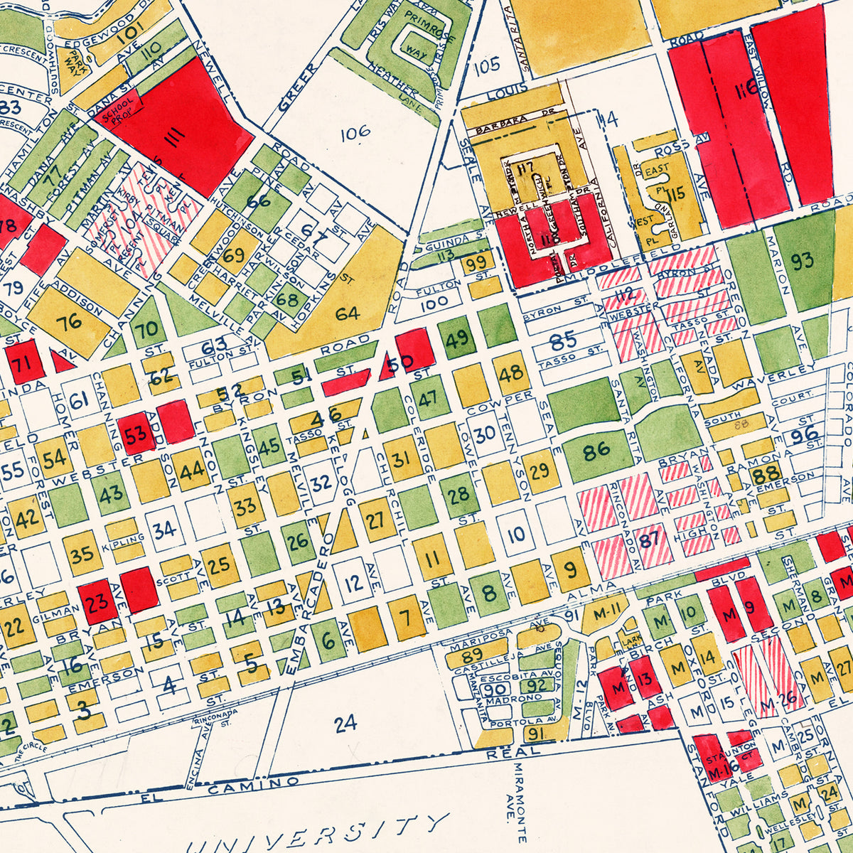 Restored historic details from the 1925 city map of Palo Alto, California