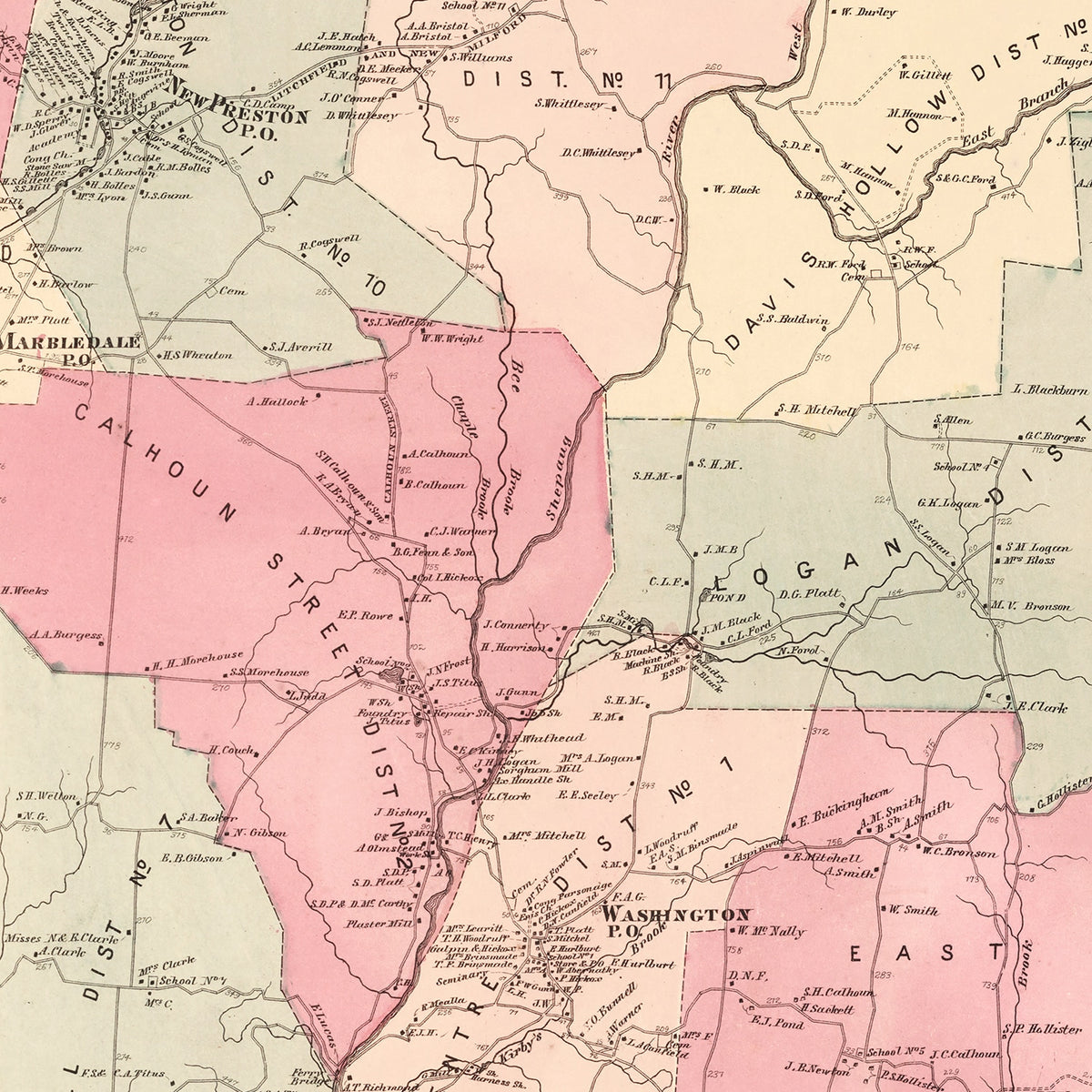 Restored historic details from the 1867 city map of Washington, Connecticut