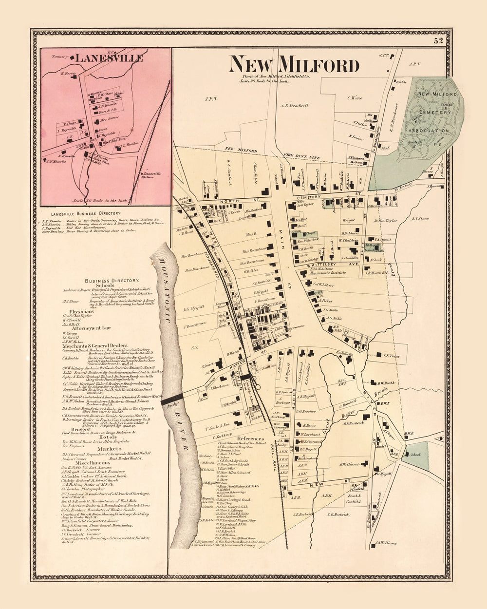 Vintage Map of Lanesville, Connecticut 1867 print style example