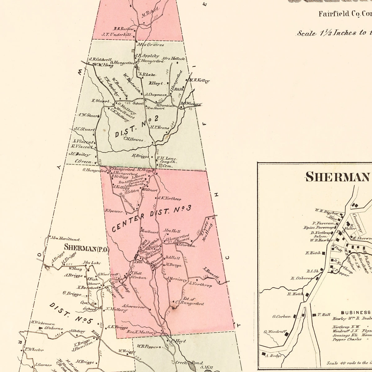 Restored historic details from the 1867 city map of Sherman, Connecticut