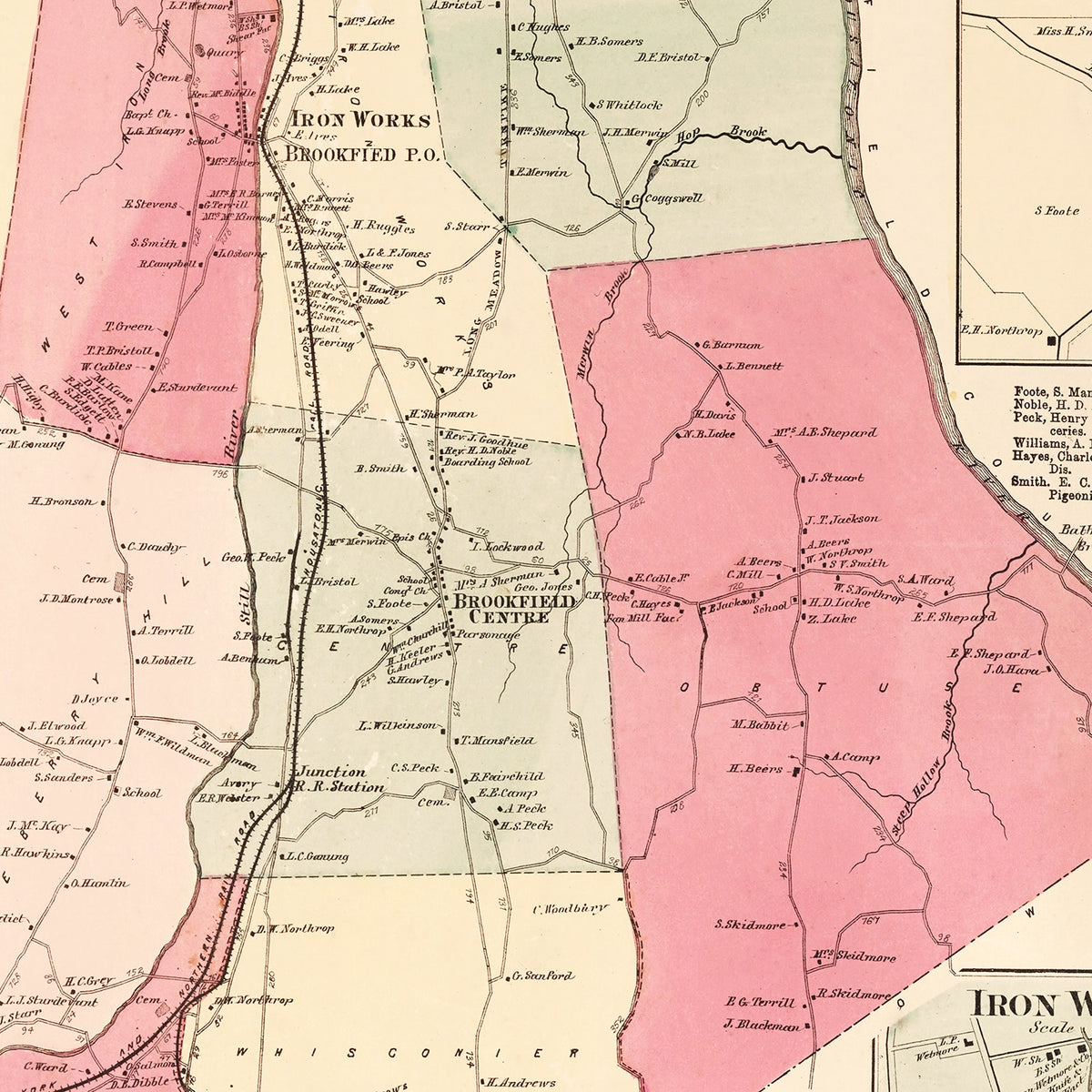Restored historic details from the 1867 city map of Brookfield, Connecticut