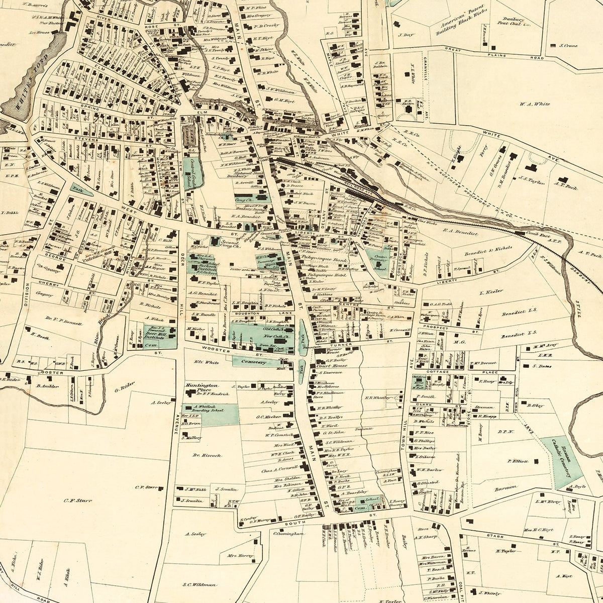 Restored historic details from the 1867 city map of Danbury, Connecticut