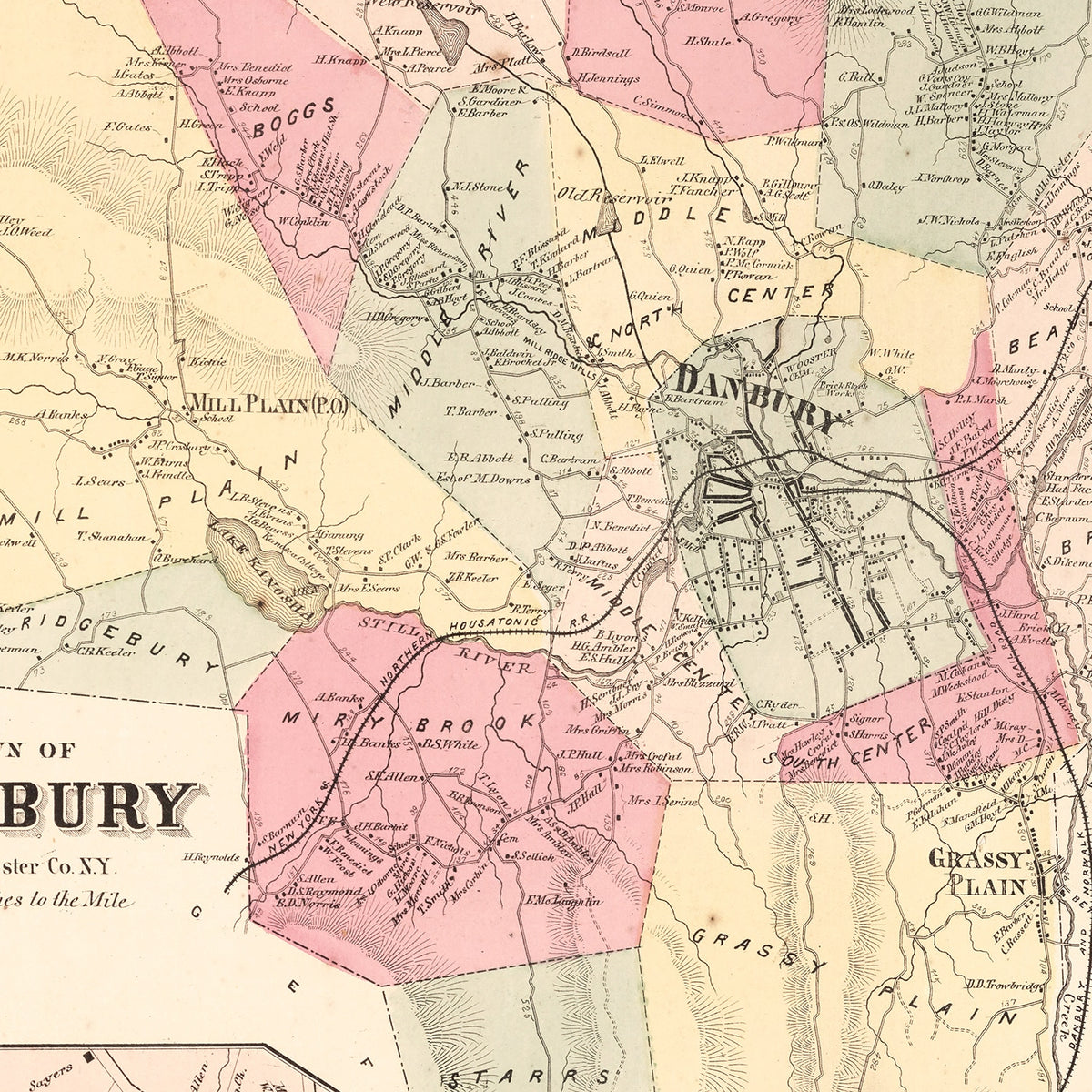 Restored historic details from the 1867 city map of Mill Plain, Connecticut