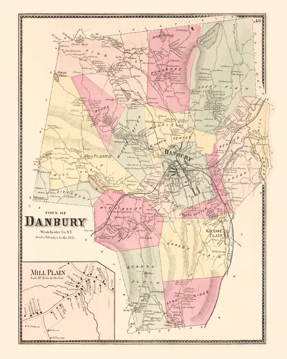 Vintage Map of Mill Plain, Connecticut 1867 print style example