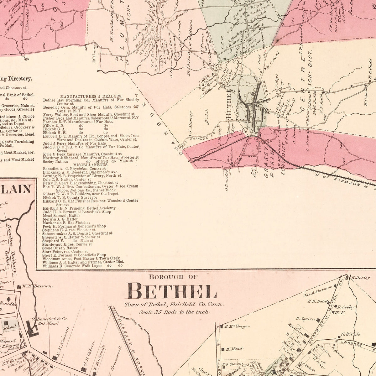 Restored historic details from the 1867 city map of Grassy Plain, Connecticut