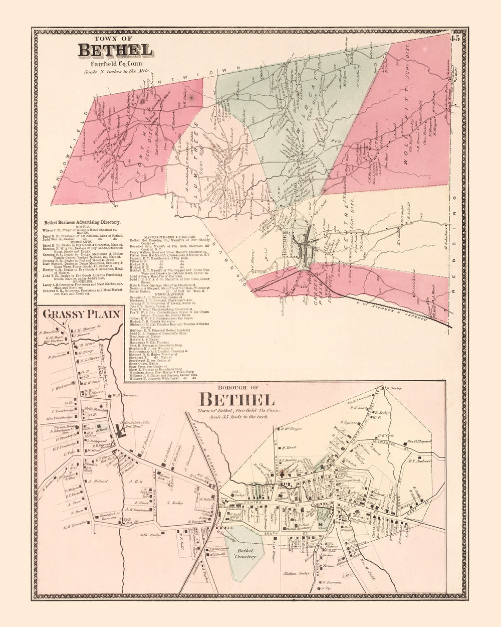 Vintage Map of Grassy Plain, Connecticut 1867 print style example