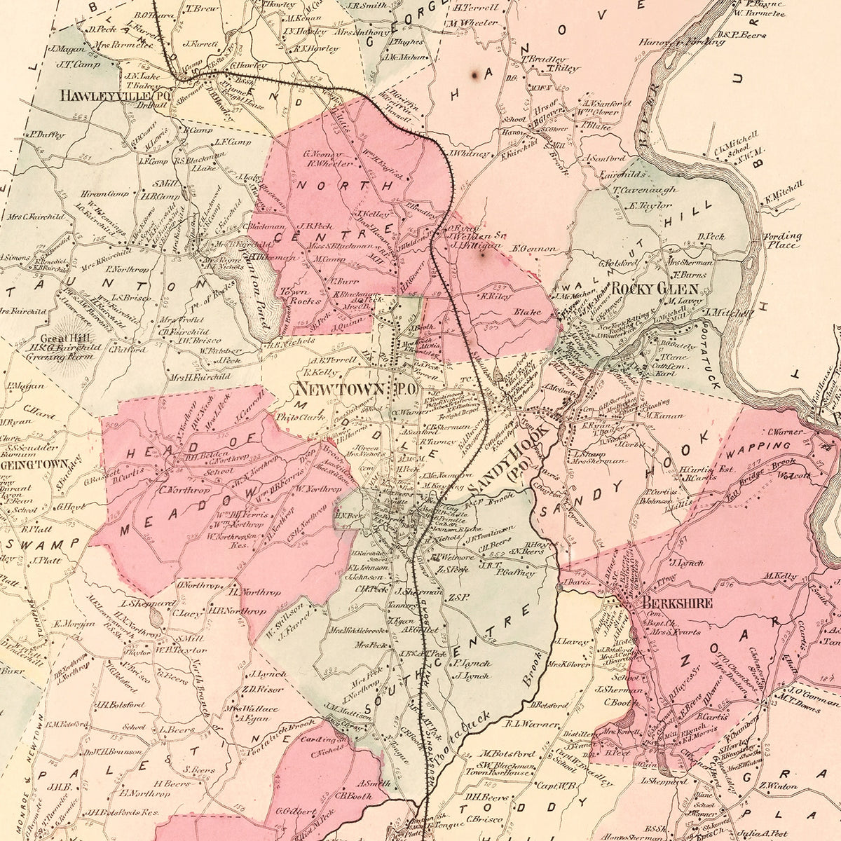 Restored historic details from the 1867 city map of Newtown, Connecticut