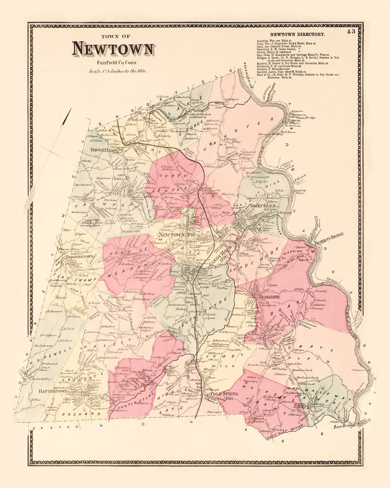 Size comparison using Vintage Map of Newtown, Connecticut 1867