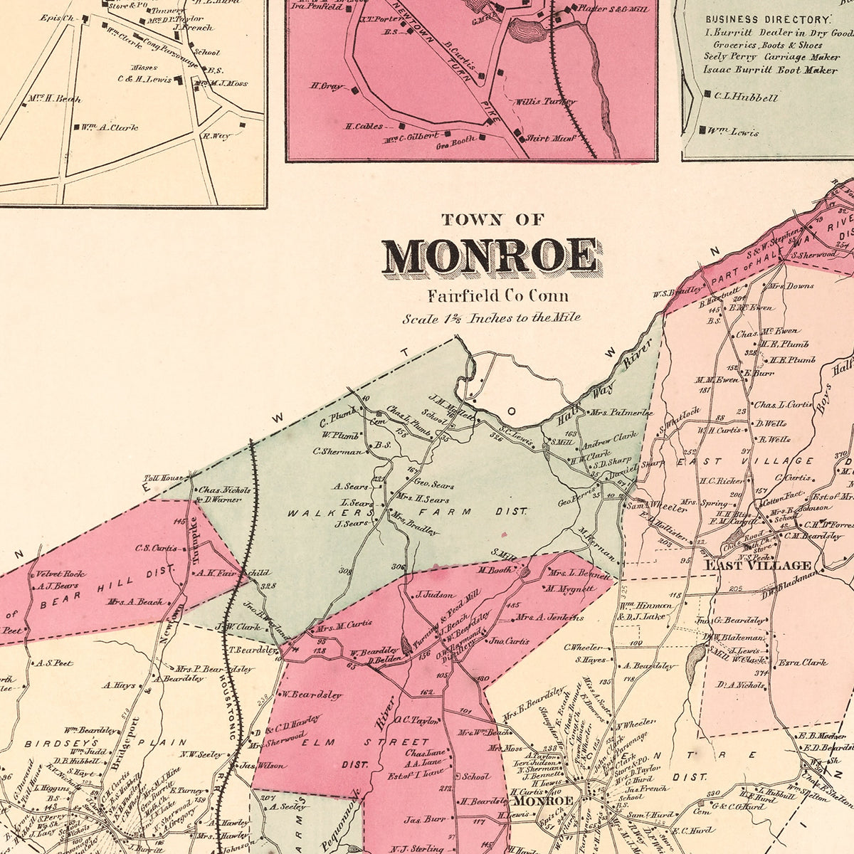 Restored historic details from the 1867 city map of Monroe, Connecticut