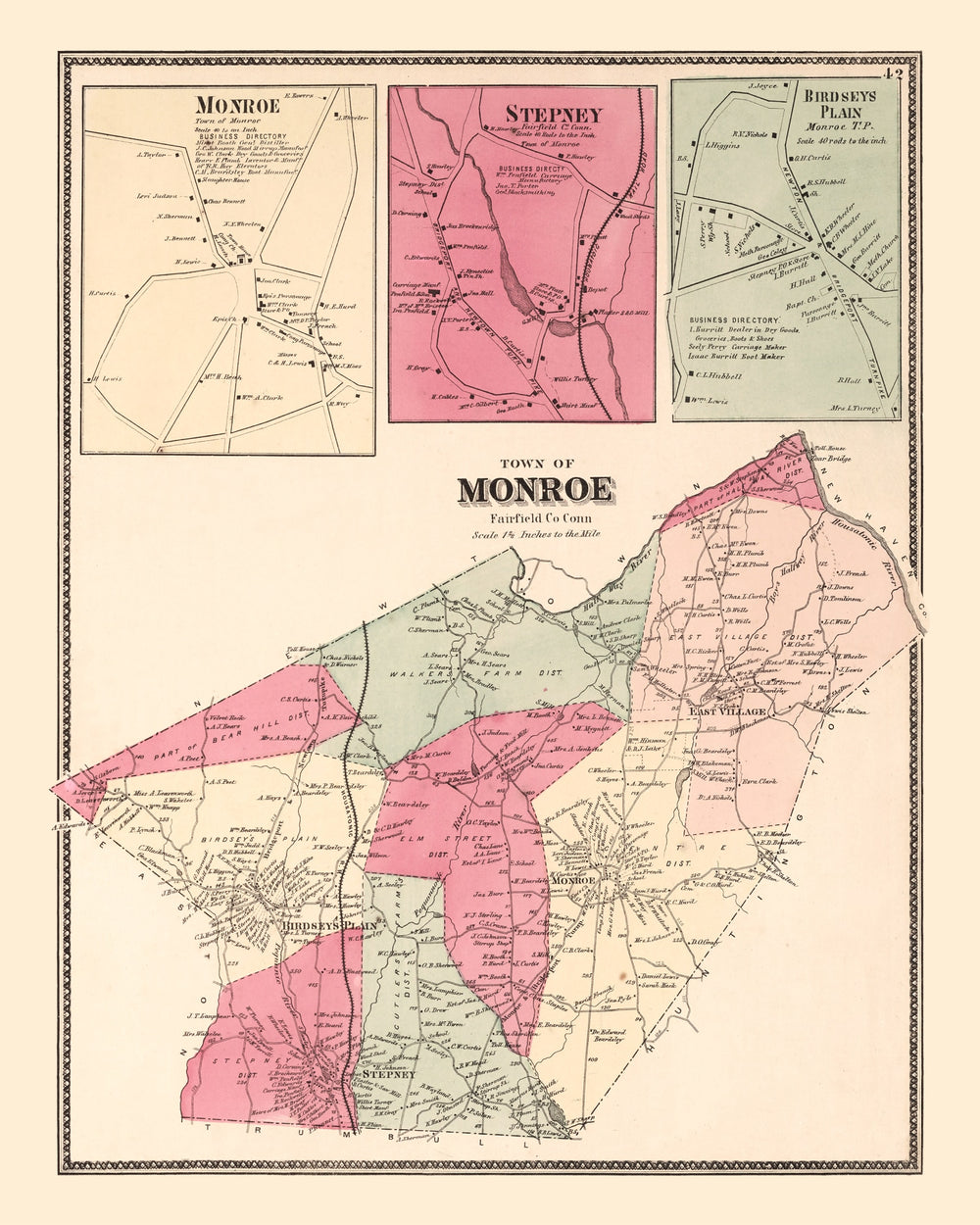 Vintage Map of Monroe, Connecticut 1867 print style example