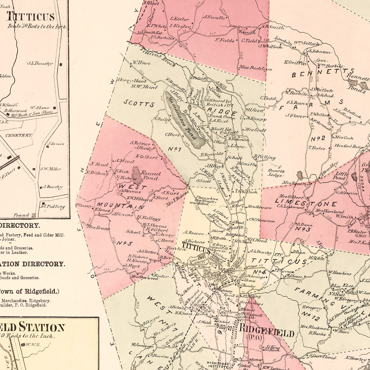 Restored historic details from the 1867 city map of Titticus, Connecticut