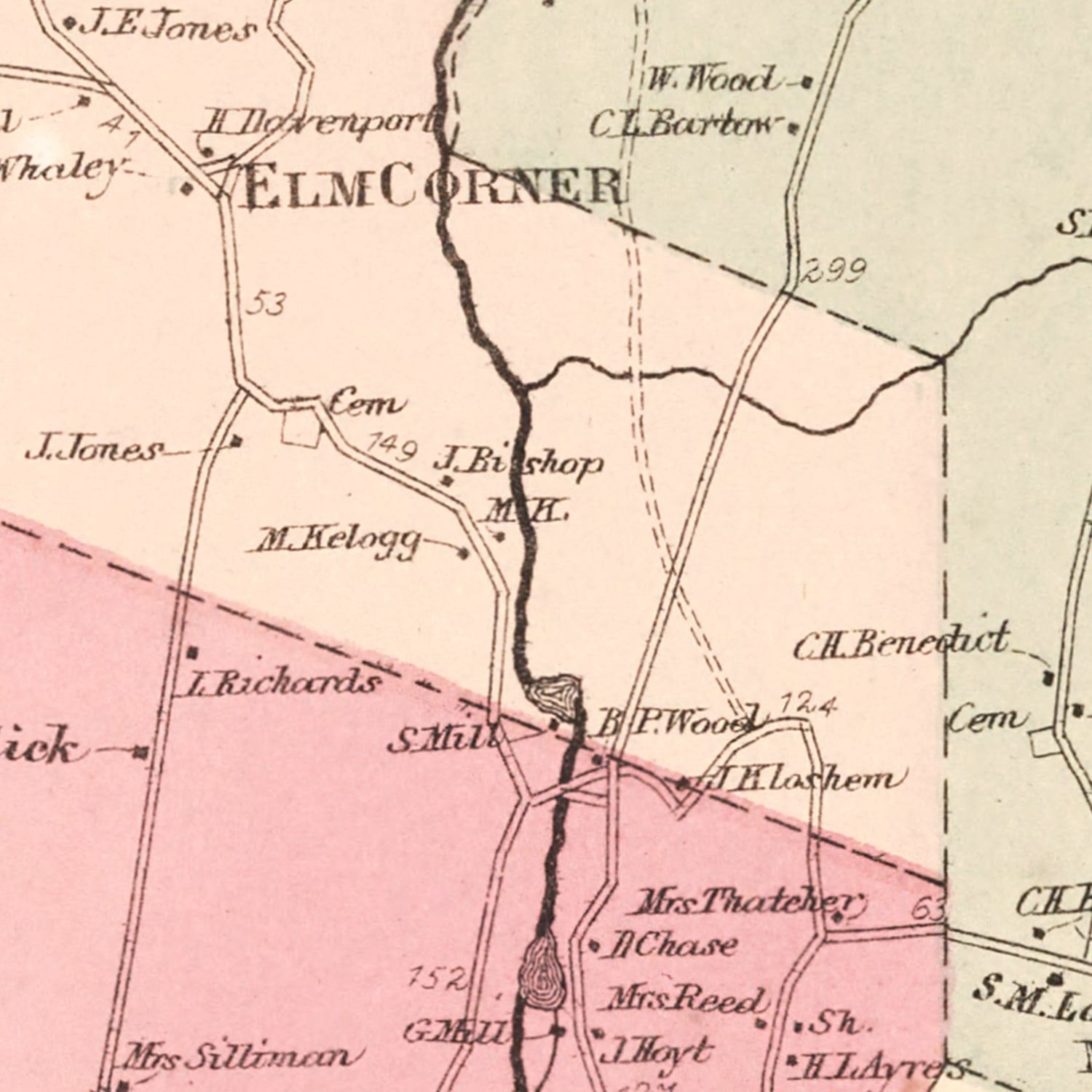 Restored historic details from the 1867 city map of New Canaan, Connecticut