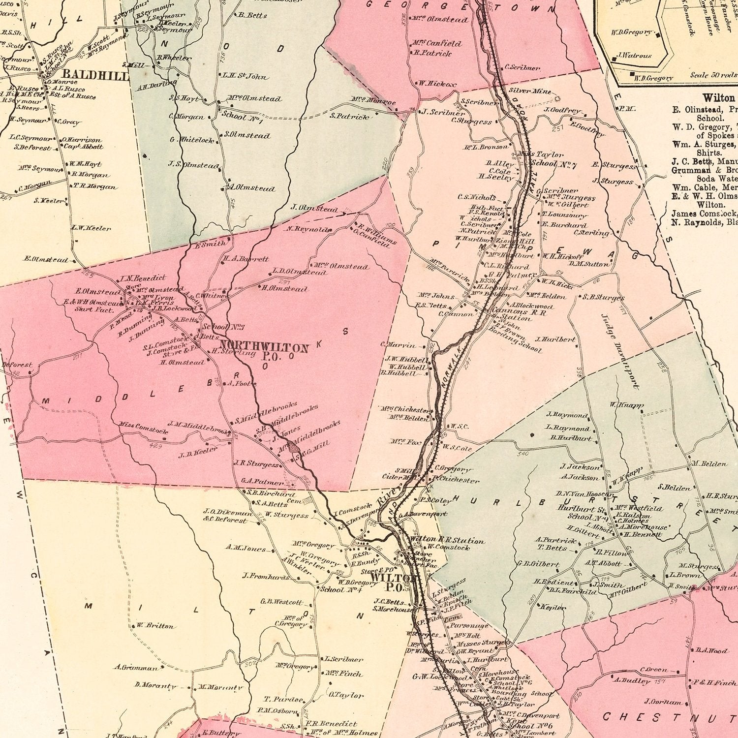 Restored historic details from the 1867 city map of Wilton, Connecticut