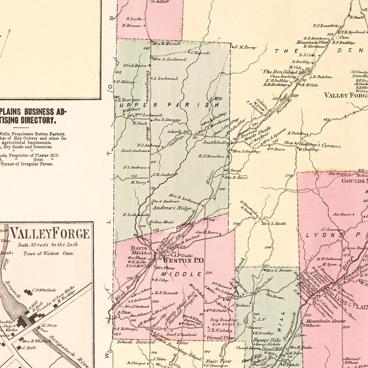 Restored historic details from the 1867 city map of Lyons Plains, Connecticut
