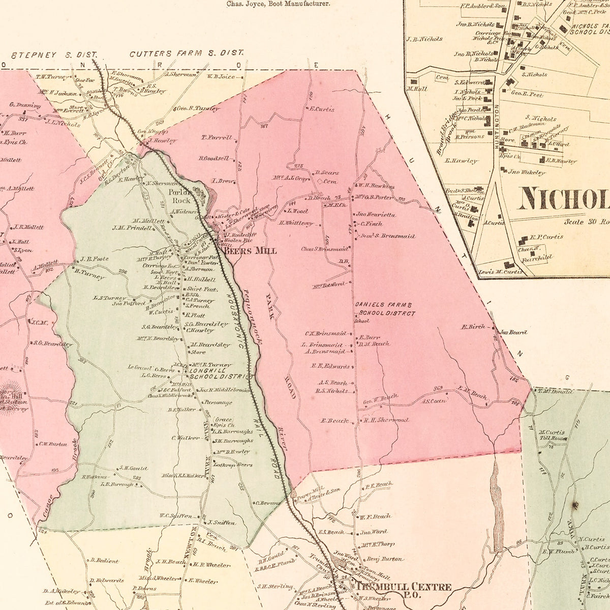 Restored historic details from the 1867 city map of Nichol's Farms, Connecticut