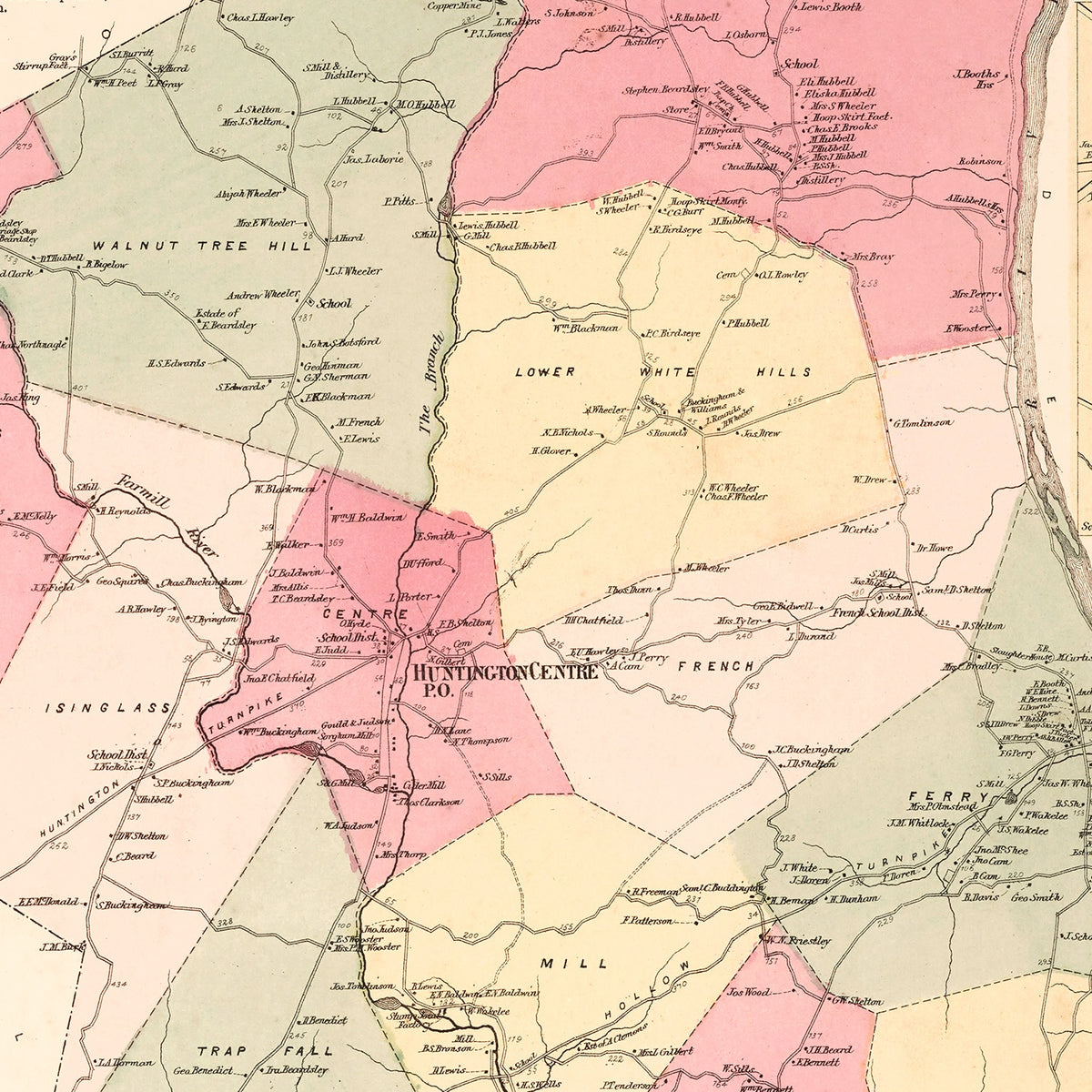 Restored historic details from the 1867 city map of Huntington Centre, Connecticut