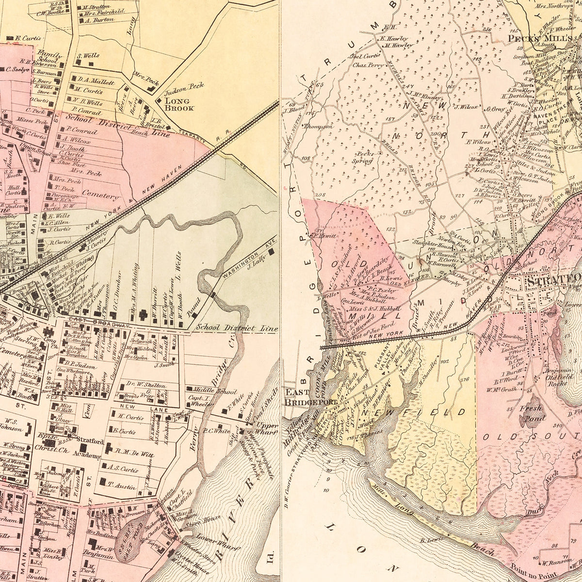 Restored historic details from the 1867 city map of Stratford, Connecticut