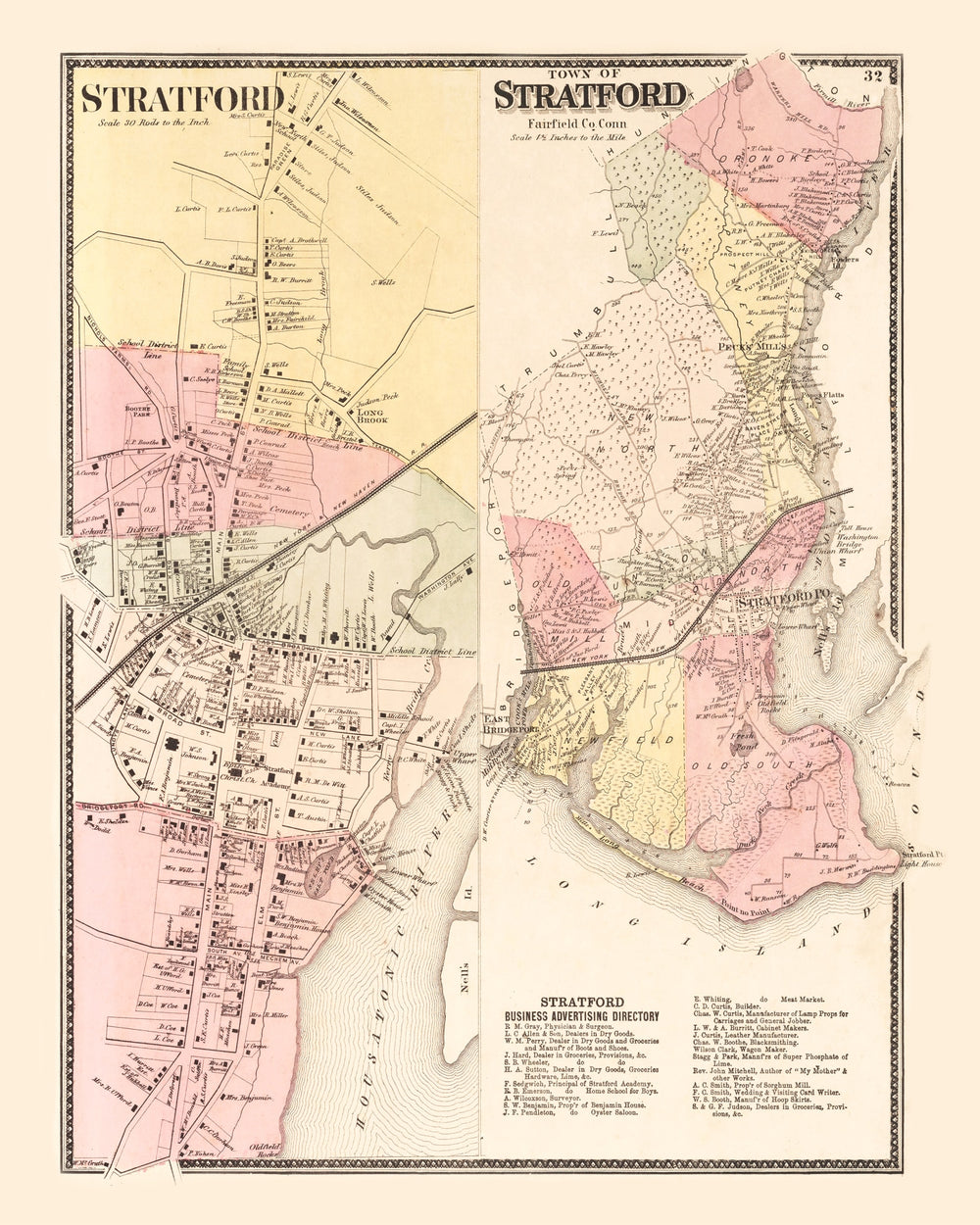 Vintage Map of Stratford, Connecticut 1867 print style example