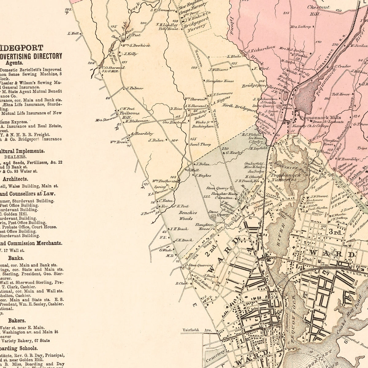 Restored historic details from the 1867 city map of Bridgeport, Connecticut
