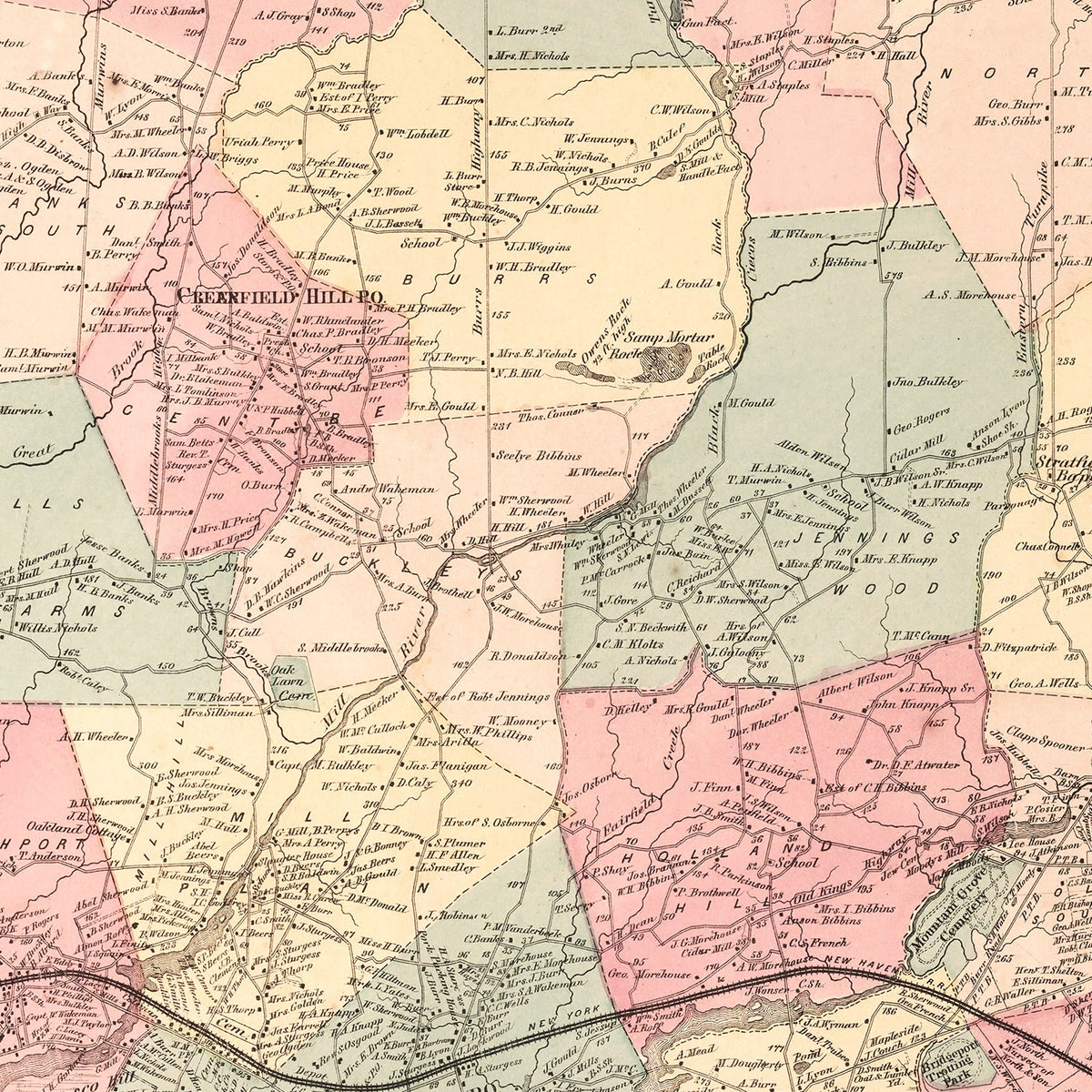 Restored historic details from the 1867 city map of Fairfield, Connecticut