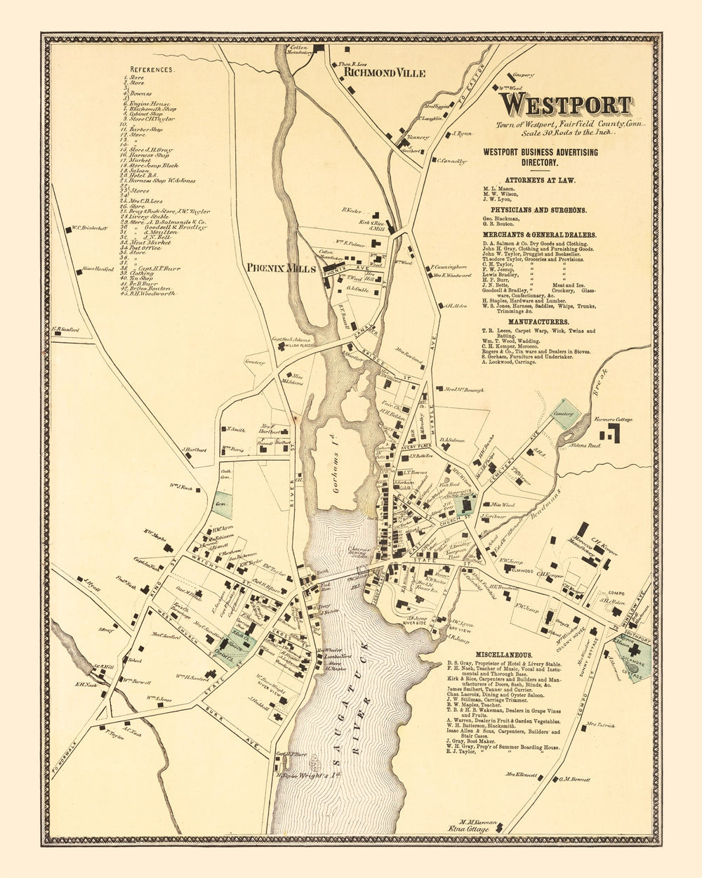Vintage Map of Westport, Connecticut 1867 print style example