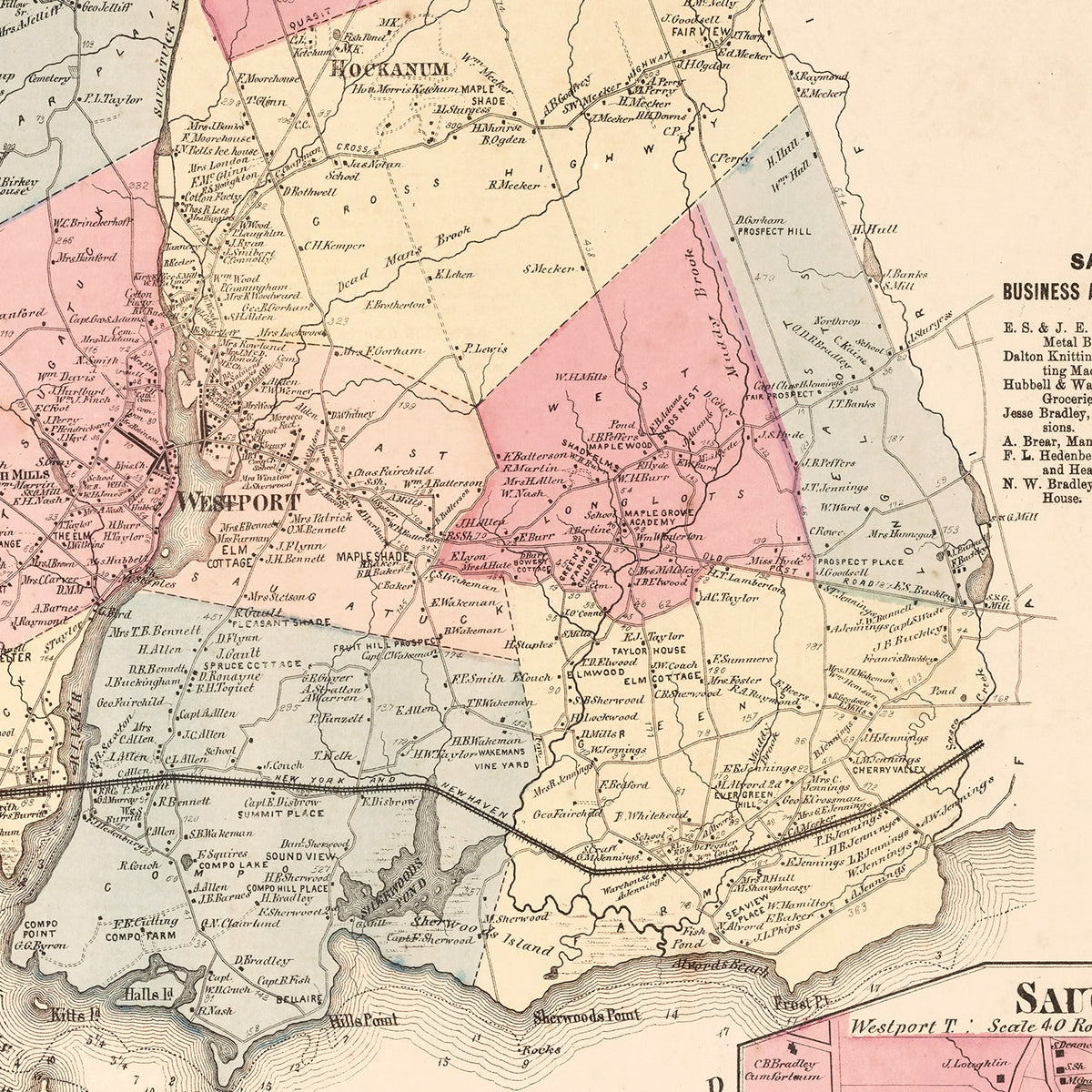 Restored historic details from the 1867 city map of Saugatuck, Connecticut