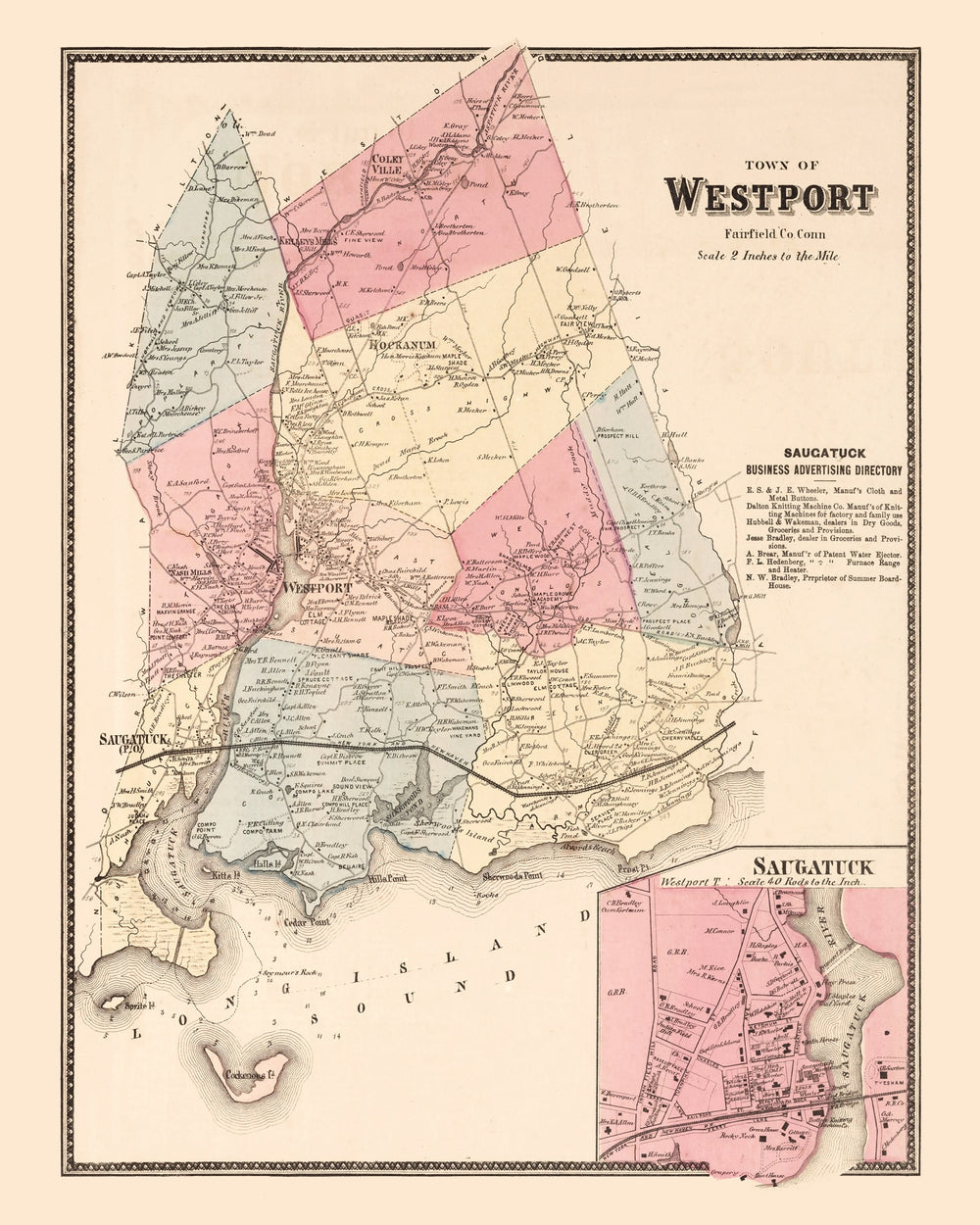 Vintage Map of Saugatuck, Connecticut 1867 print style example