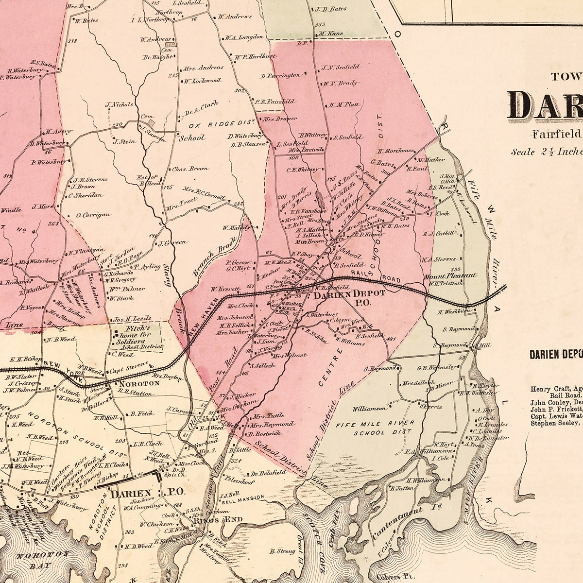 Restored historic details from the 1867 city map of Darien, Connecticut