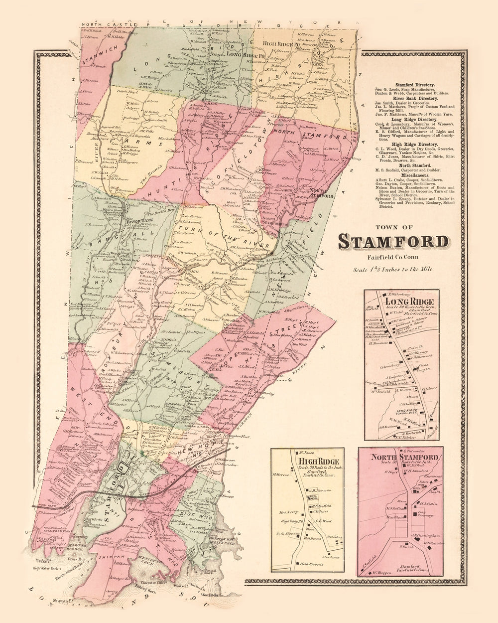 Vintage Map of Long Ridge, Connecticut 1867 print style example