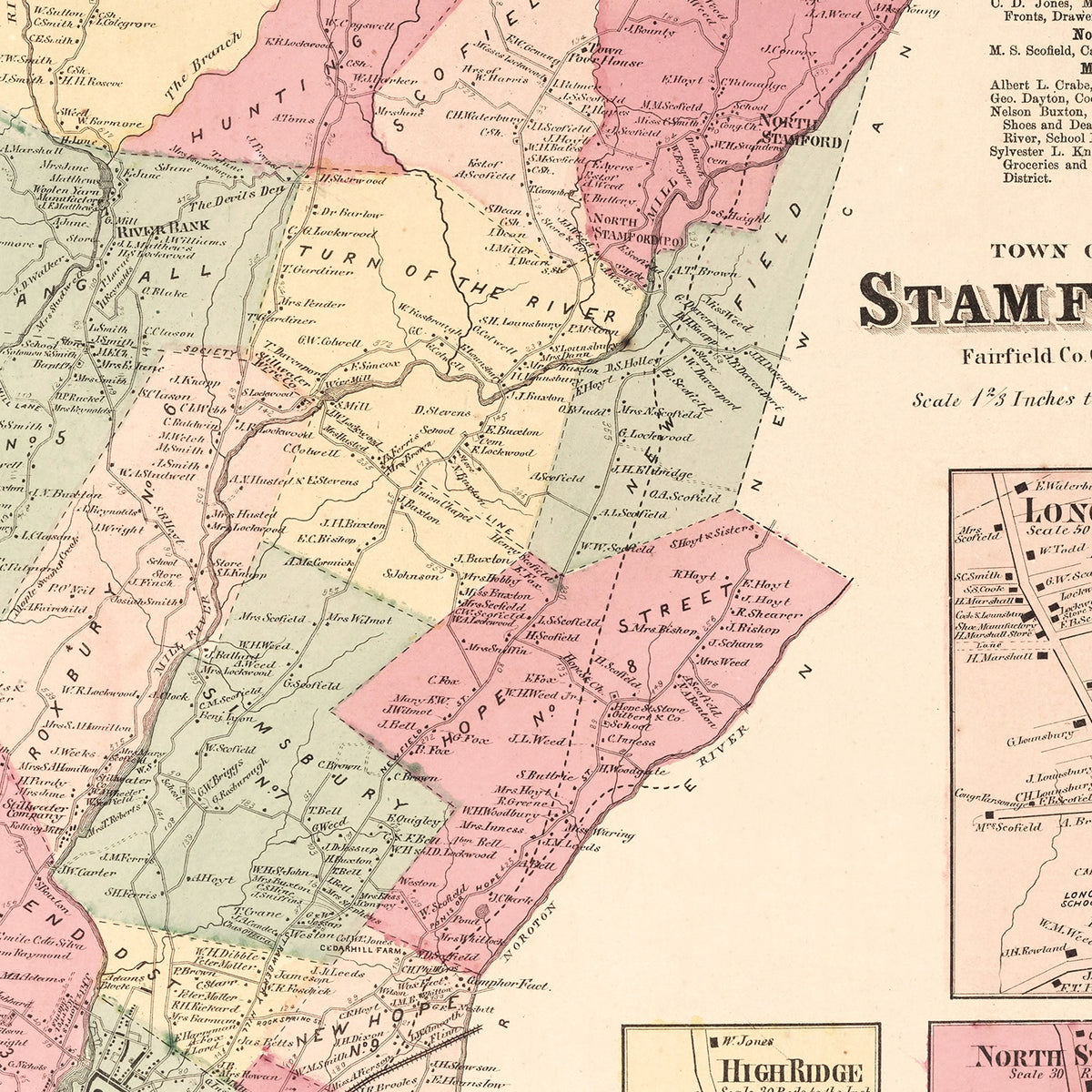 Restored historic details from the 1867 city map of Long Ridge, Connecticut