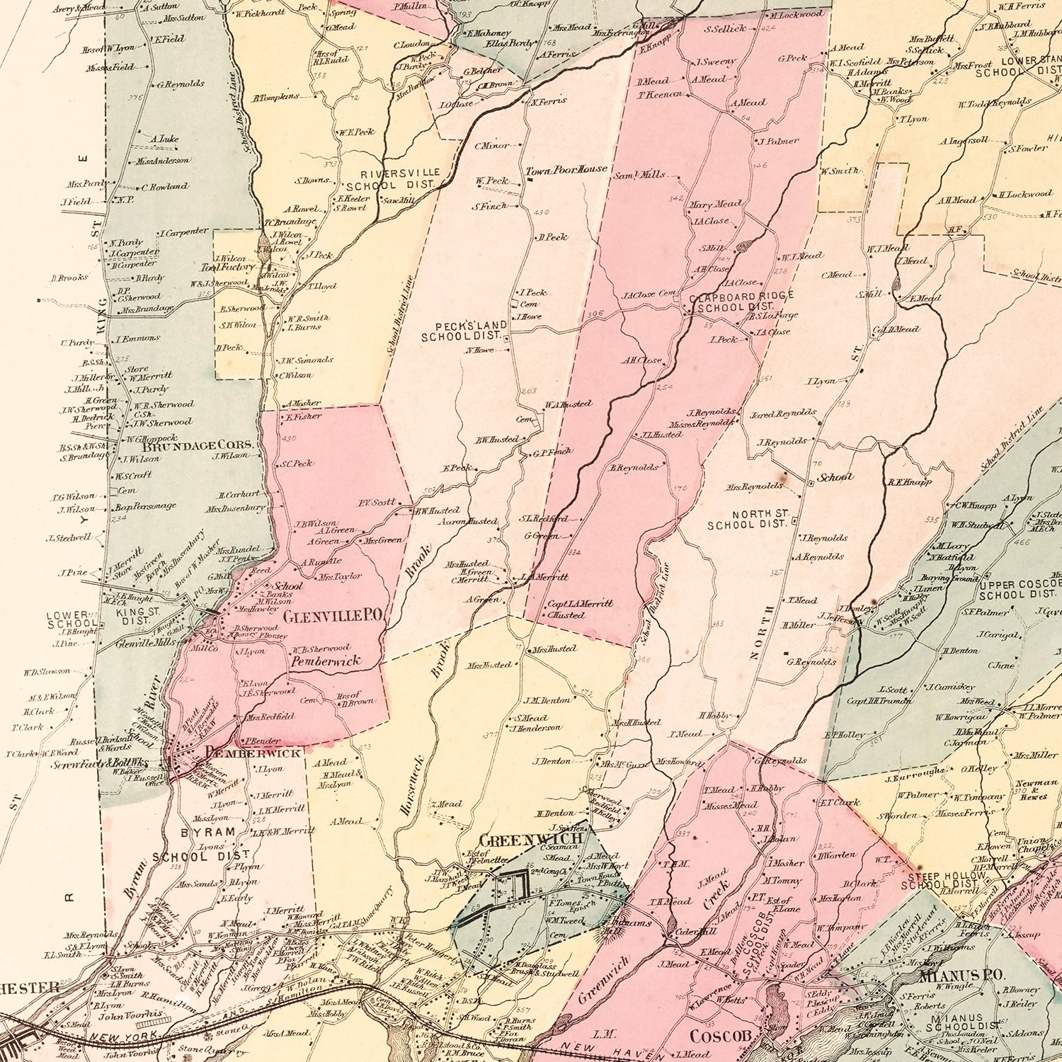 Restored historic details from the 1867 city map of Greenwich, Connecticut