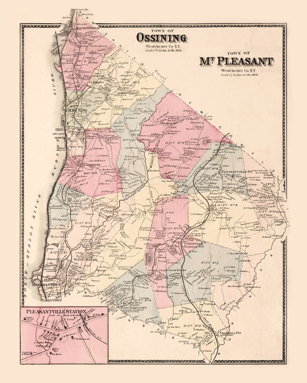 Vintage Map of Pleasantville Station, New York 1867 print style example