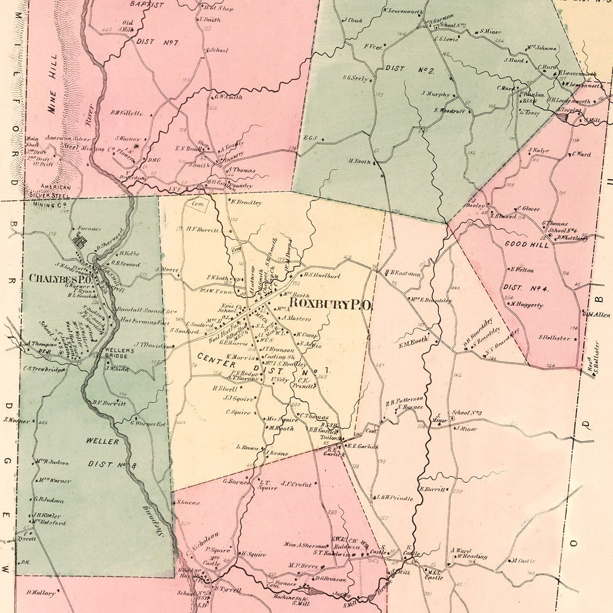 Restored historic details from the 1867 city map of Roxbury, Connecticut