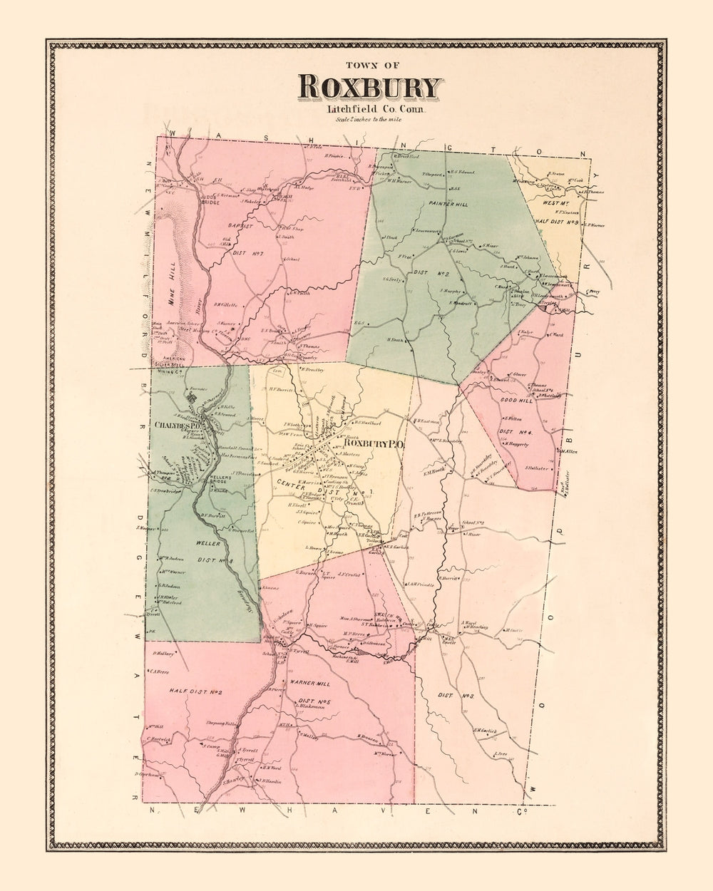 Vintage Map of Roxbury, Connecticut 1867 print style example