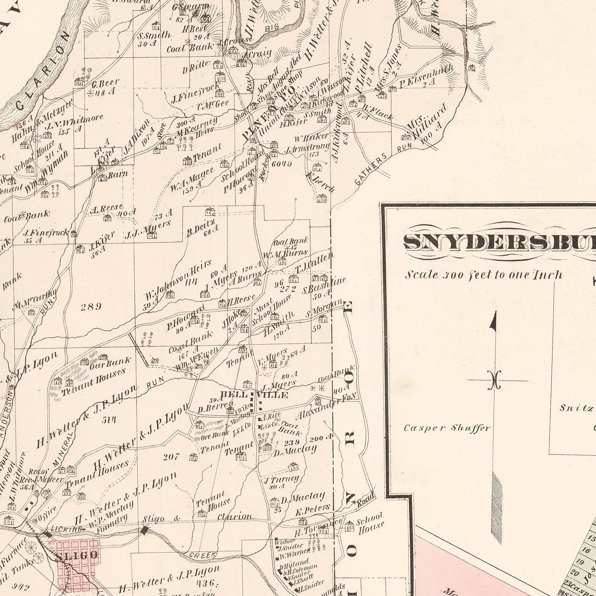 Restored historic details from the 1877 city map of Snydersburg, Pennsylvania