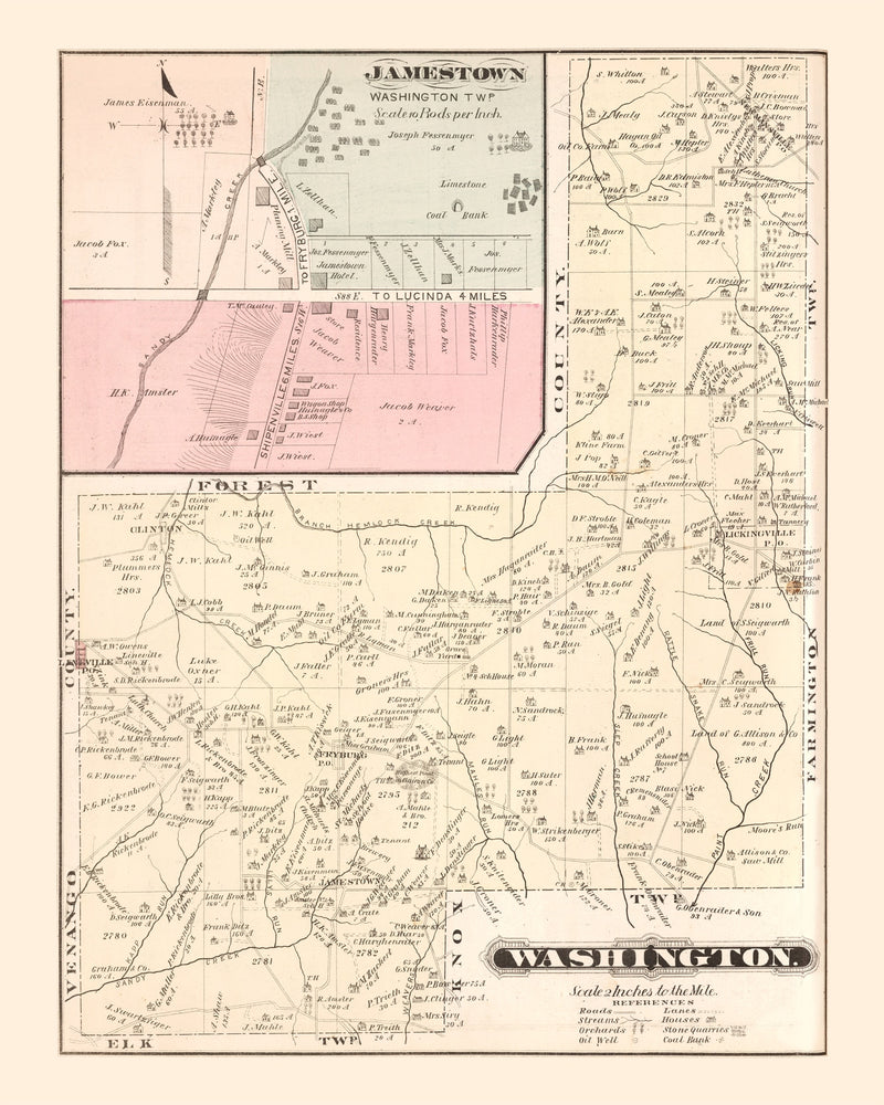 Size comparison using Vintage Map of Jamestown, Pennsylvania 1877