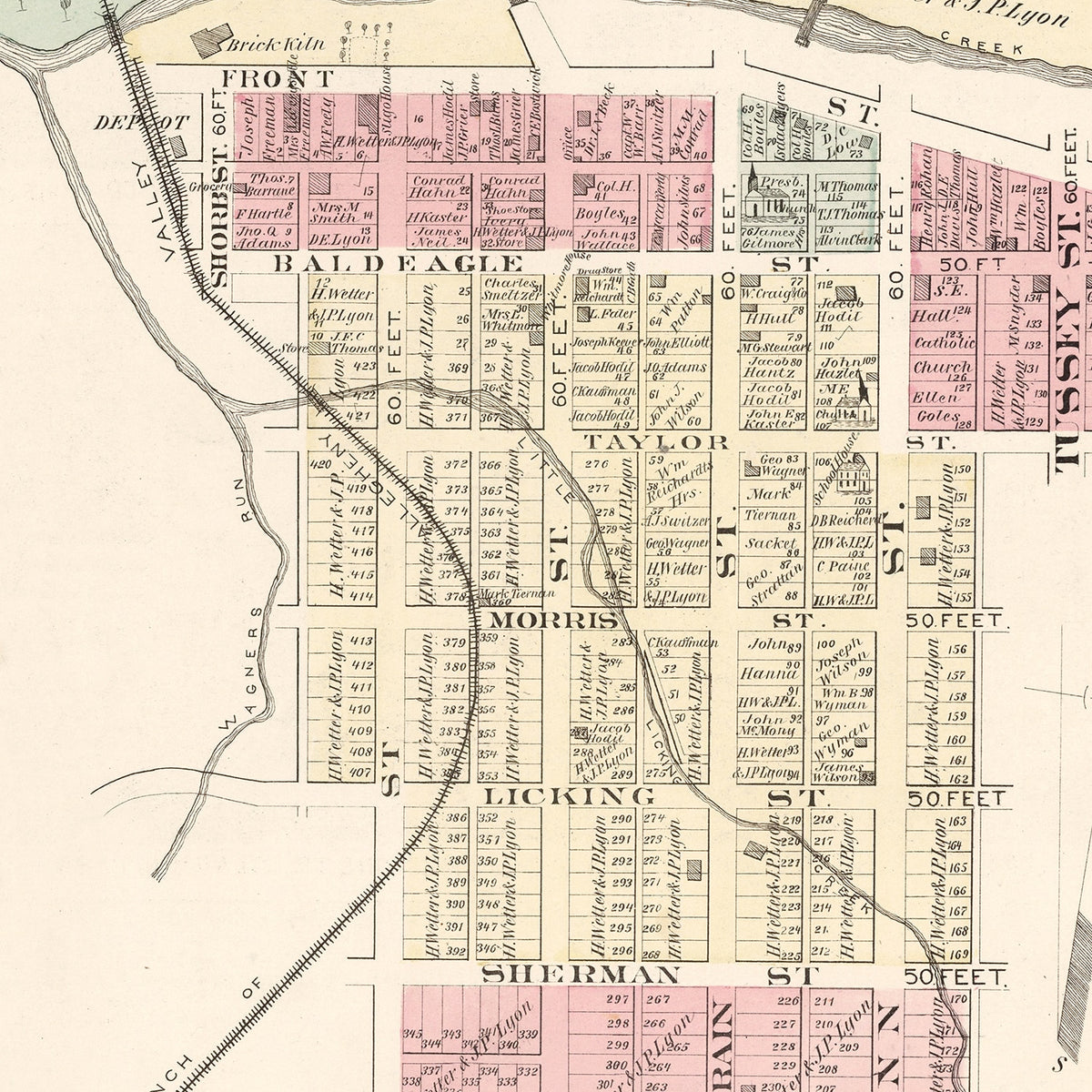 Restored historic details from the 1877 city map of Sligo, Pennsylvania
