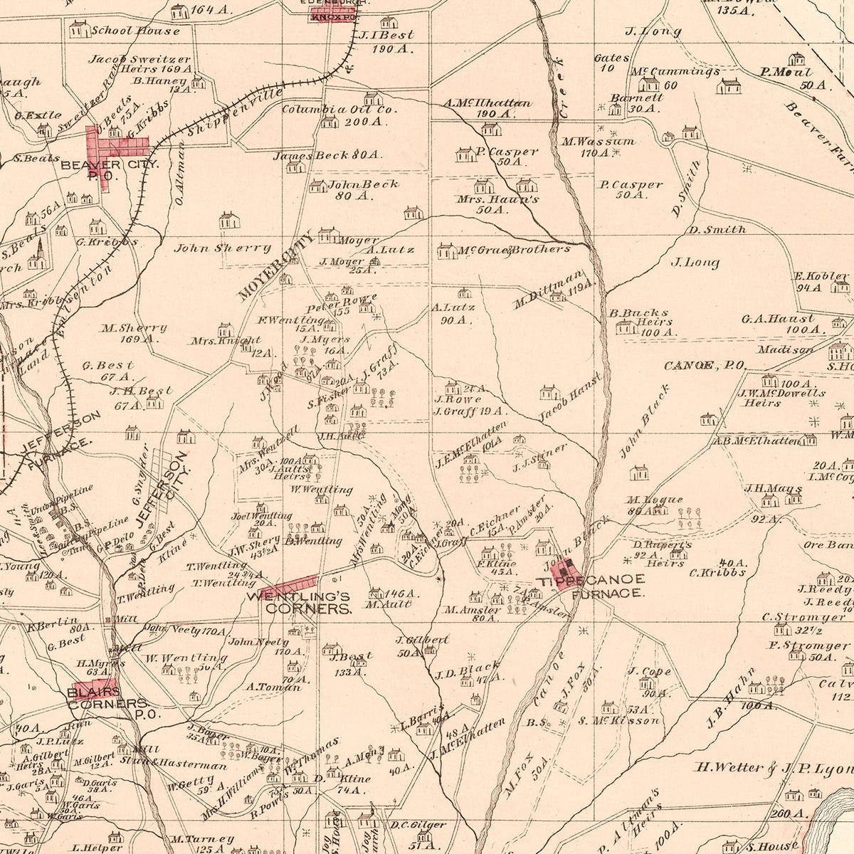 Restored historic details from the 1877 city map of Beaver, Pennsylvania