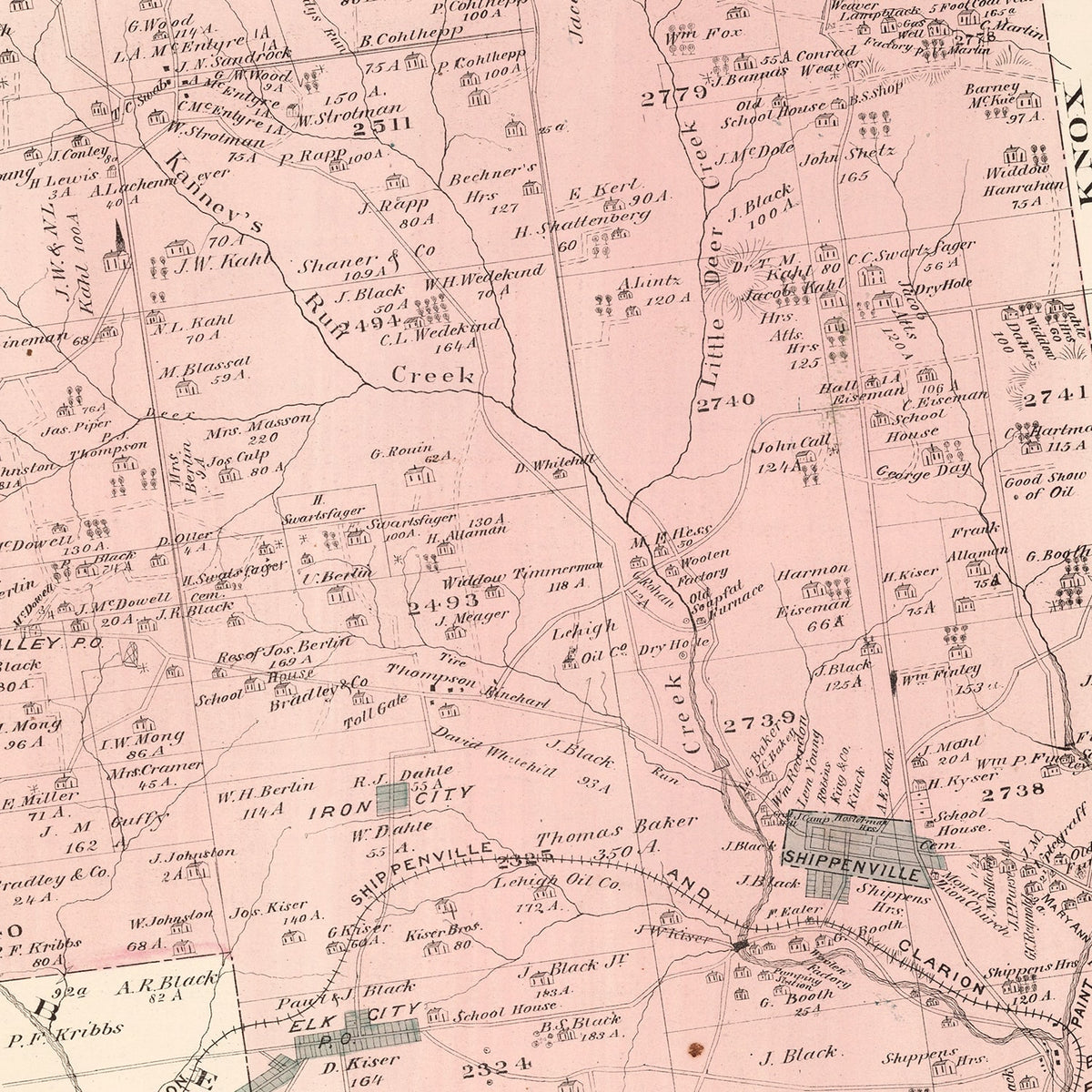 Restored historic details from the 1877 city map of Elk, Pennsylvania