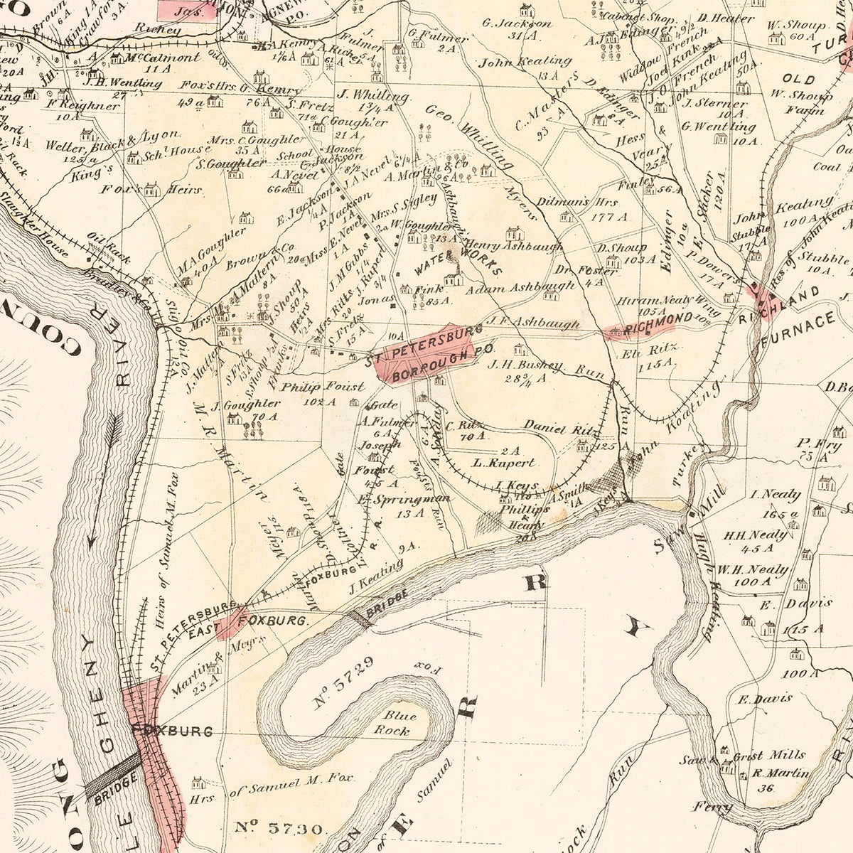 Restored historic details from the 1877 city map of Richland, Pennsylvania
