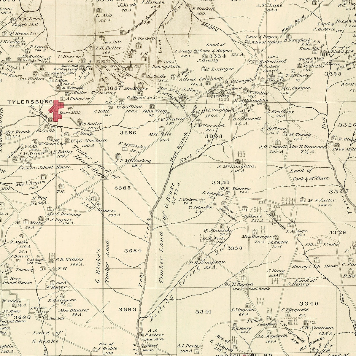 Restored historic details from the 1877 city map of Farmington, Pennsylvania