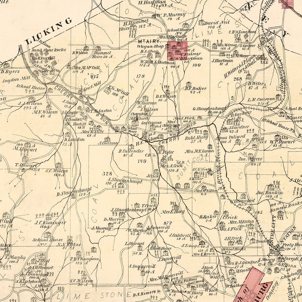 Restored historic details from the 1877 city map of Tory, Pennsylvania