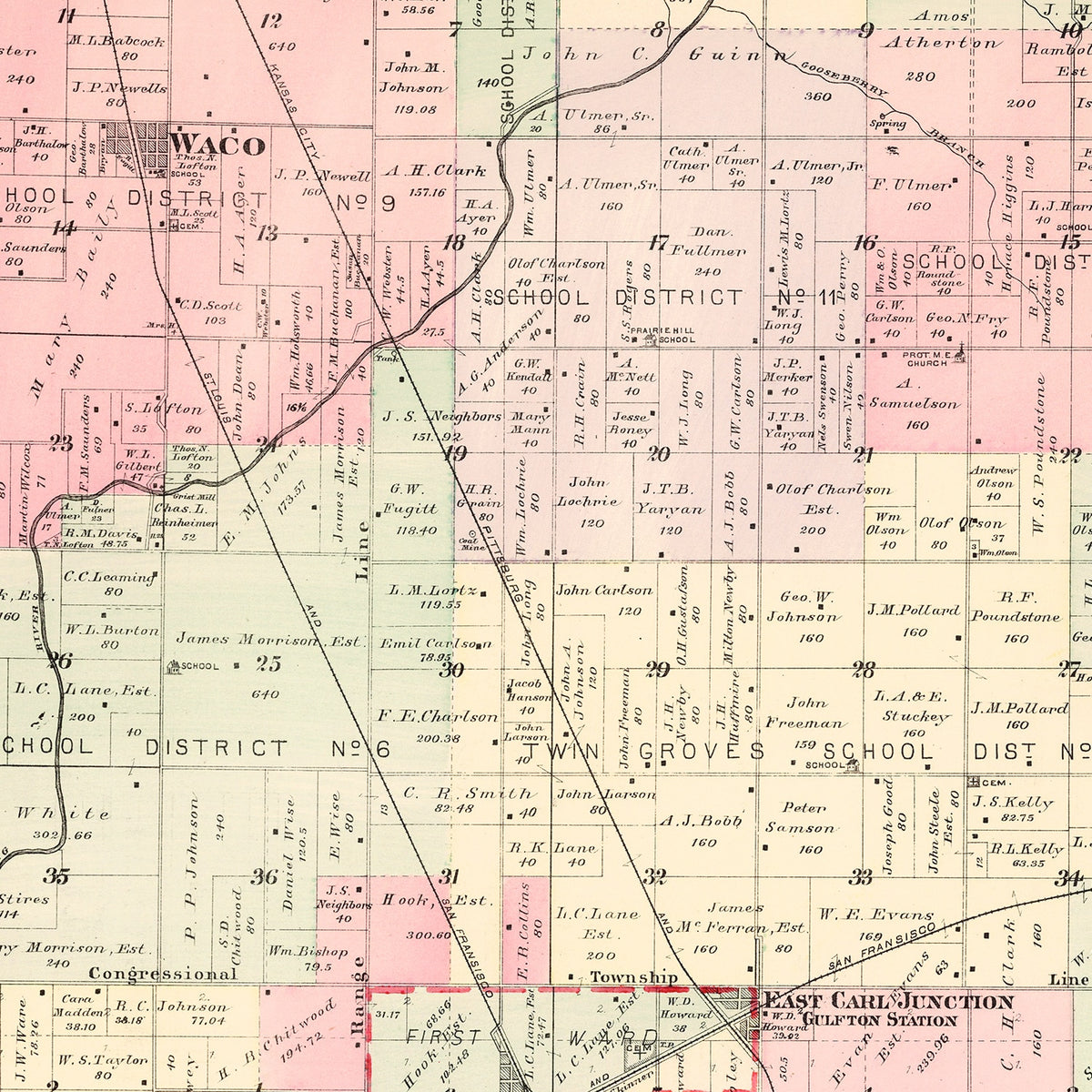 Restored historic details from the 1895 township map of Jasper County, Missouri