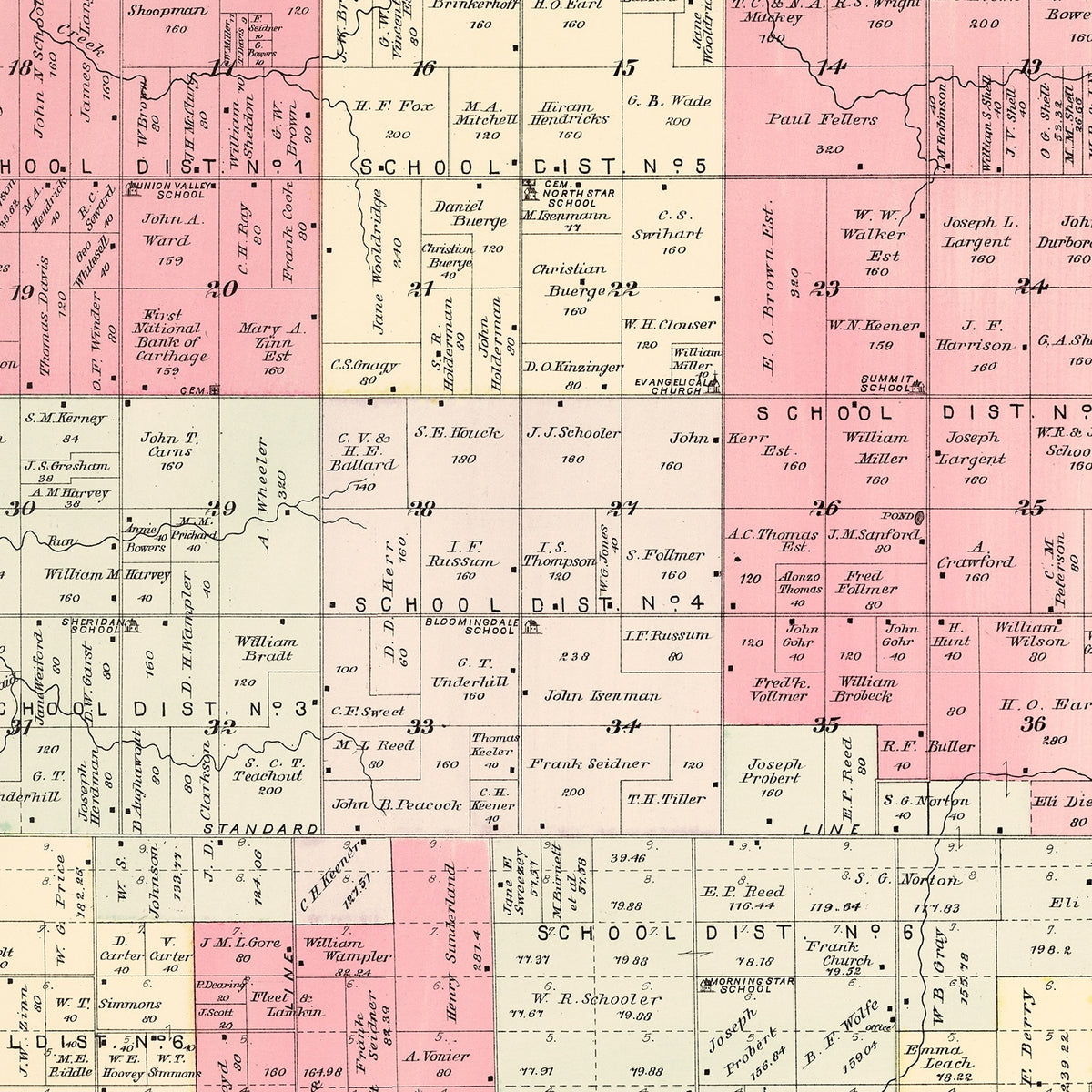 Restored historic details from the 1895 township map of Jasper County, Missouri