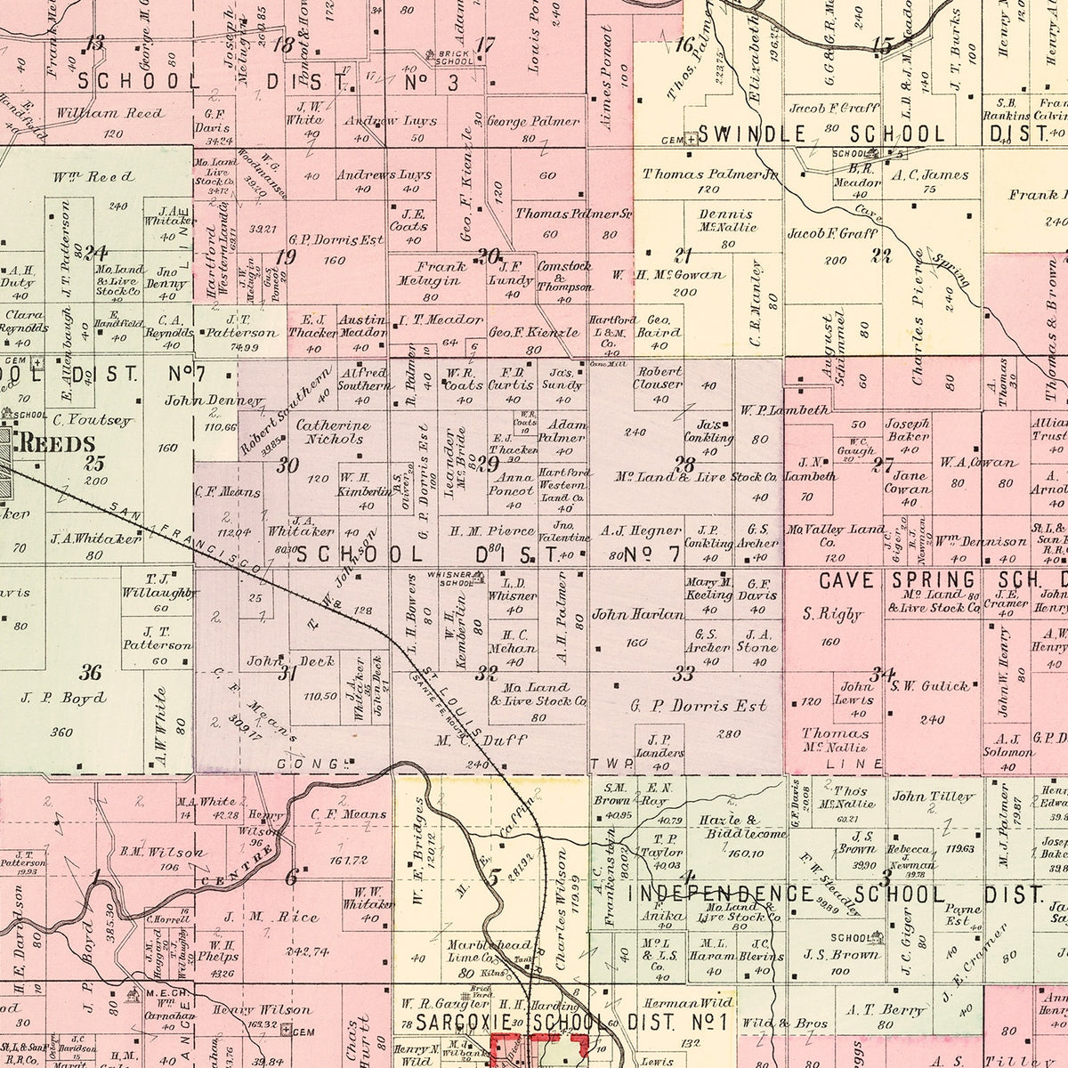 Restored historic details from the 1895 township map of Jasper County, Missouri