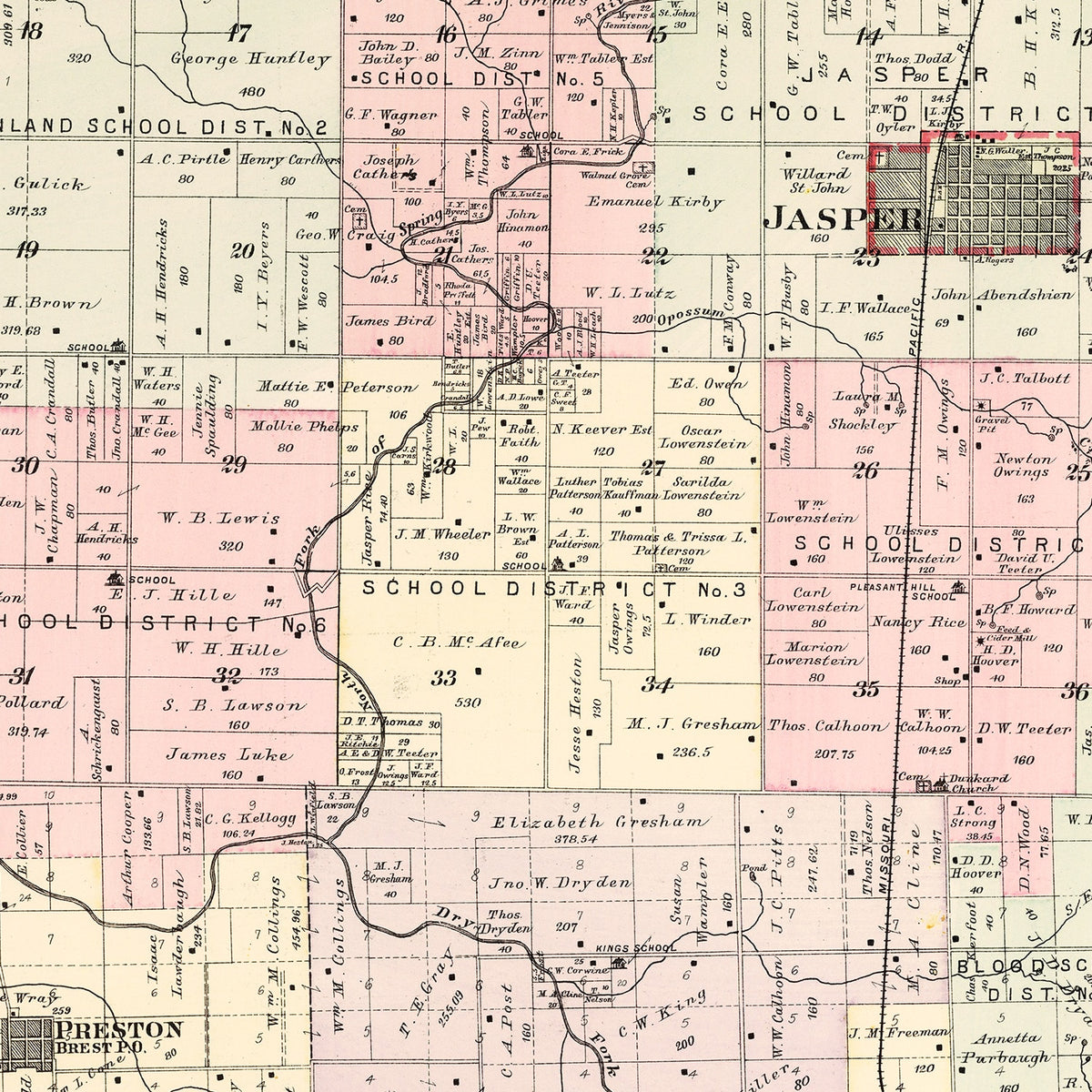 Restored historic details from the 1895 township map of Jasper County, Missouri