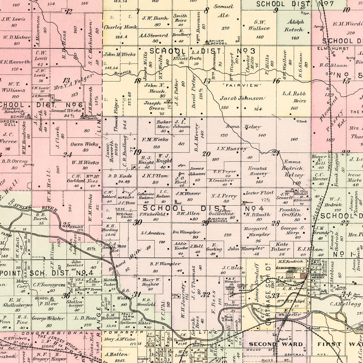Restored historic details from the 1895 township map of Jasper County, Missouri