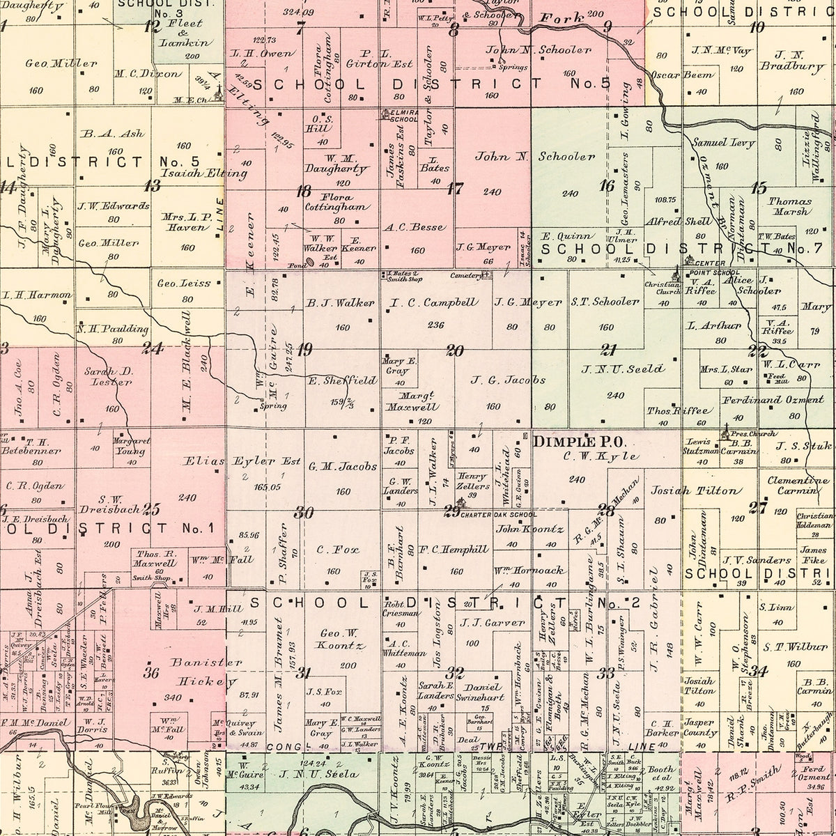 Restored historic details from the 1895 township map of Jasper County, Missouri