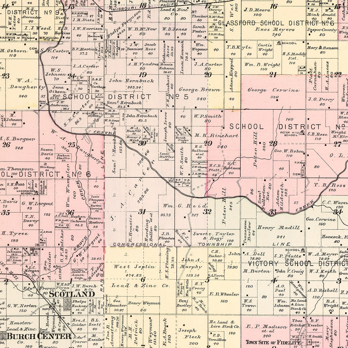 Restored historic details from the 1895 township map of Jasper County, Missouri